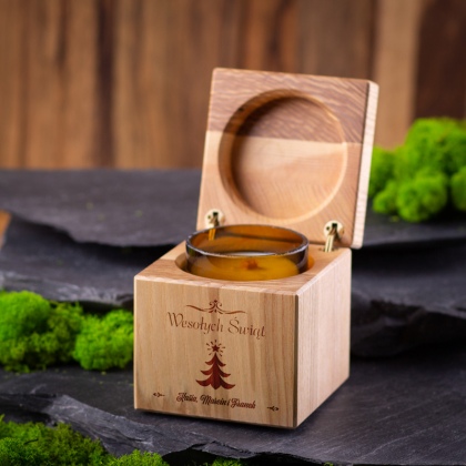 Wesołych Świąt - ekologiczna świeca w drewnianej szkatułce